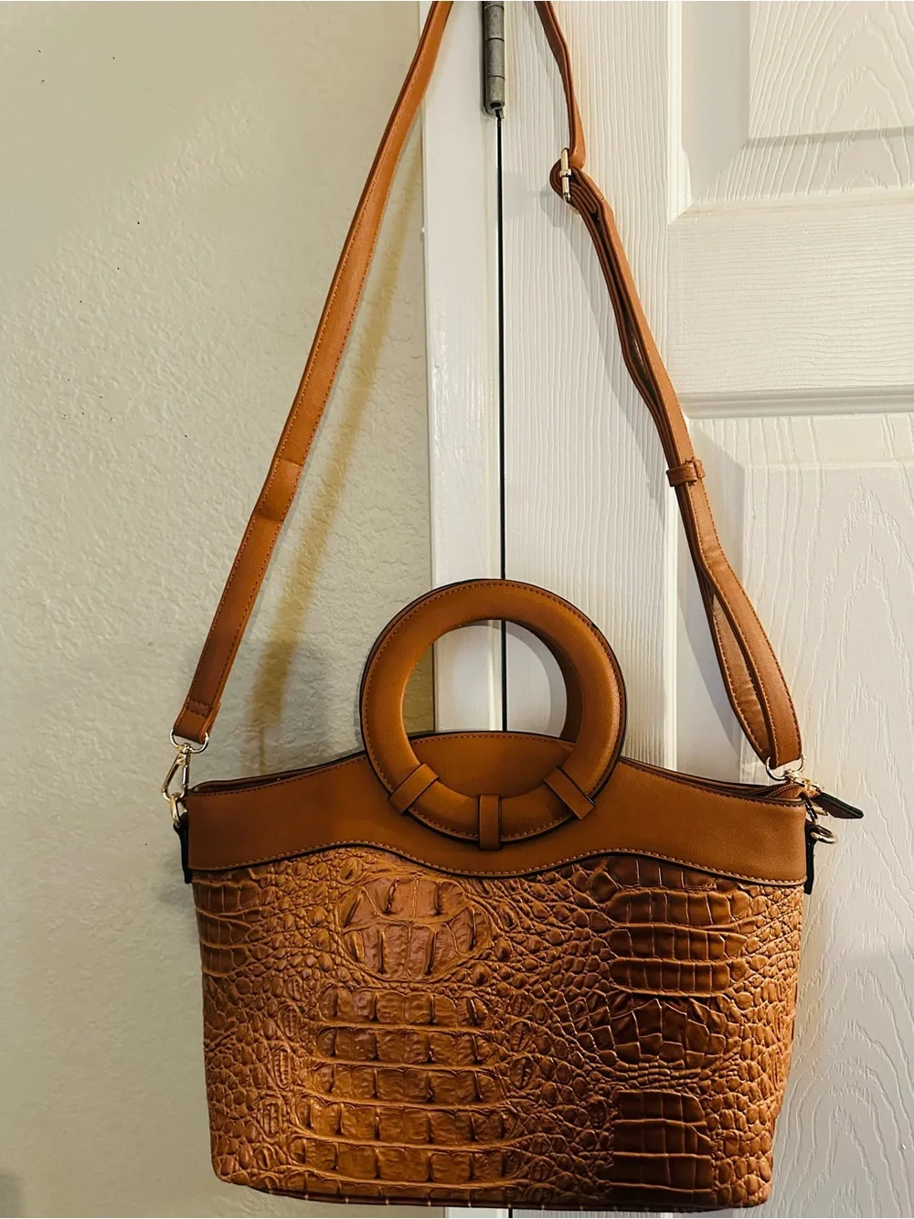 Tan Croc-Embossed Shoulder Bag with matching wallet